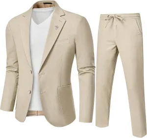 MrSure Men's 2-Piece Regular Fit Linen Suit, Two Buttons Lightweight Jacket and Pants for Prom, Beach Wedding, Casual, Summer