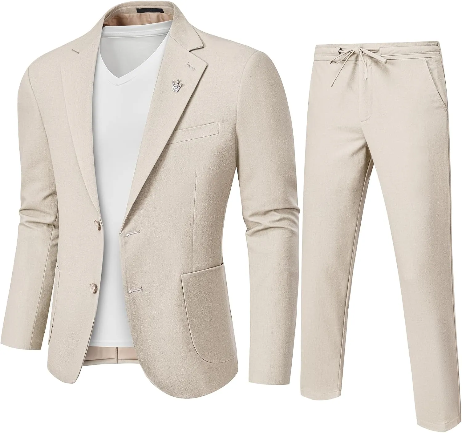 MrSure Men's 2-Piece Regular Fit Linen Suit, Two Buttons Lightweight Jacket and Pants for Prom, Beach Wedding, Casual, Summer