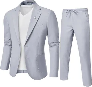 MrSure Men's 2-Piece Regular Fit Linen Suit, Two Buttons Lightweight Jacket and Pants for Prom, Beach Wedding, Casual, Summer