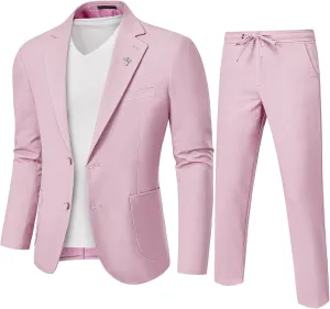 MrSure Men's 2-Piece Regular Fit Linen Suit, Two Buttons Lightweight Jacket and Pants for Prom, Beach Wedding, Casual, Summer