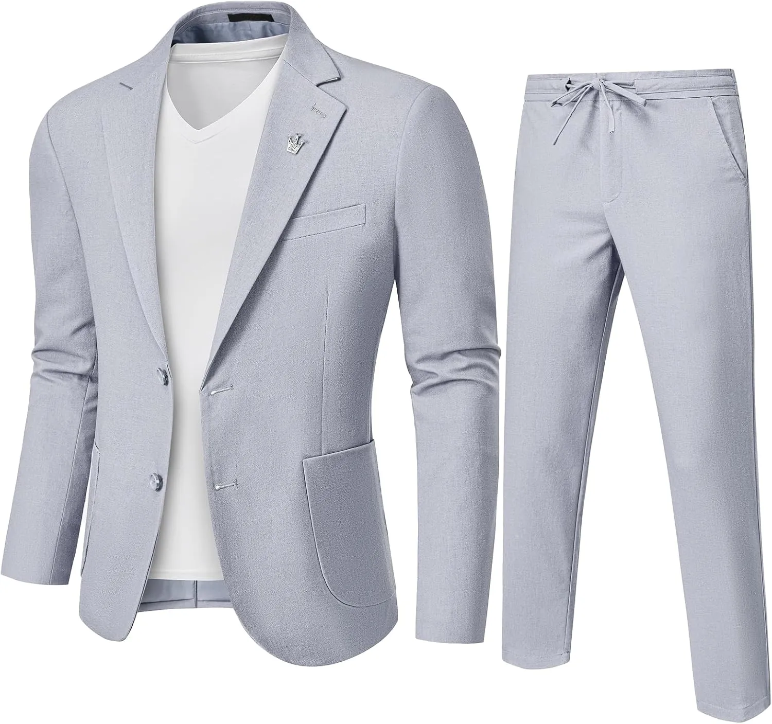 MrSure Men's 2-Piece Regular Fit Linen Suit, Two Buttons Lightweight Jacket and Pants for Prom, Beach Wedding, Casual, Summer