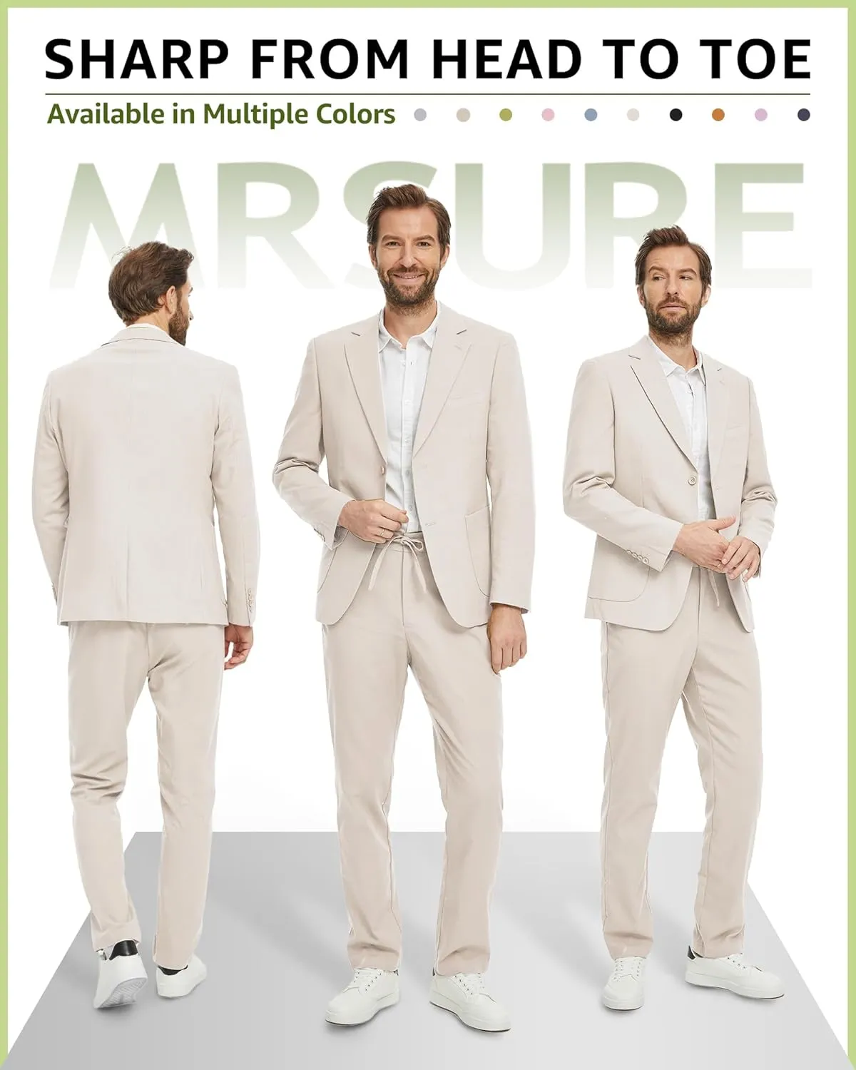 MrSure Men's 2-Piece Regular Fit Linen Suit, Two Buttons Lightweight Jacket and Pants for Prom, Beach Wedding, Casual, Summer