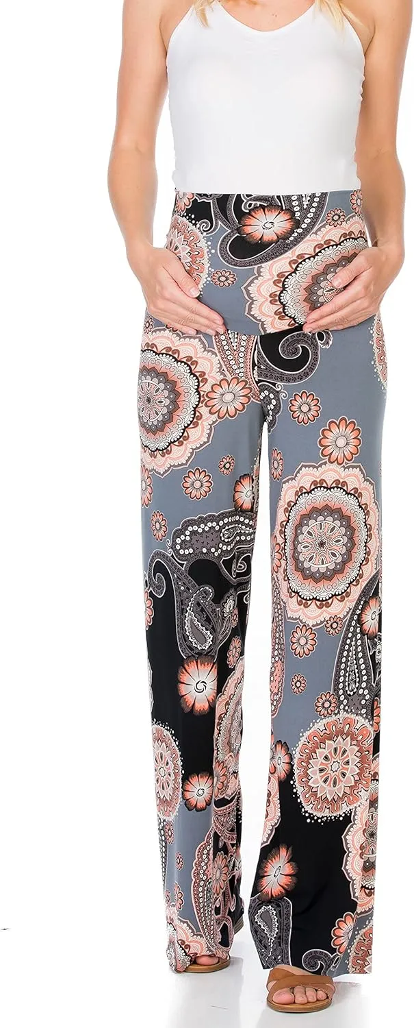 My Bump Women's Maternity Casual Bohemian Damask Palazzo Pants W/Tummy Control