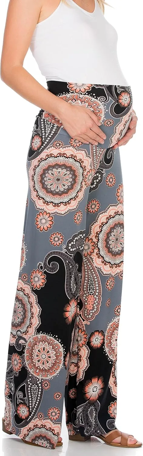My Bump Women's Maternity Casual Bohemian Damask Palazzo Pants W/Tummy Control