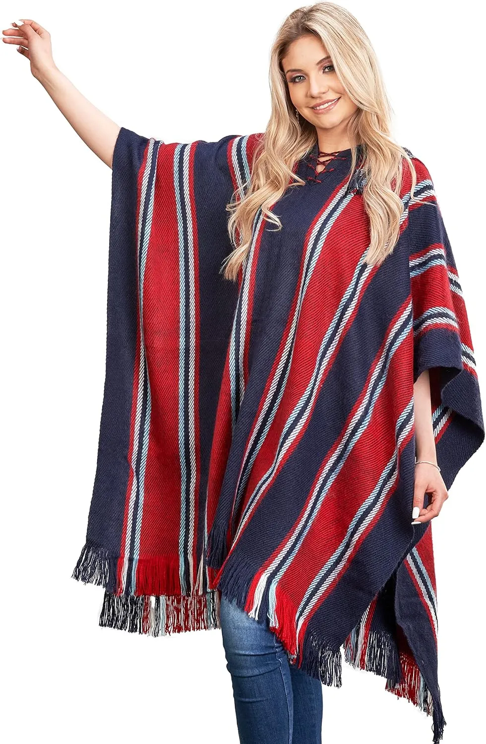 Navy Blue and Red Hooded Poncho for Women - Cloak Cape Handmade by Peruvian Artisans in Alpaca Wool - Shawl Cape