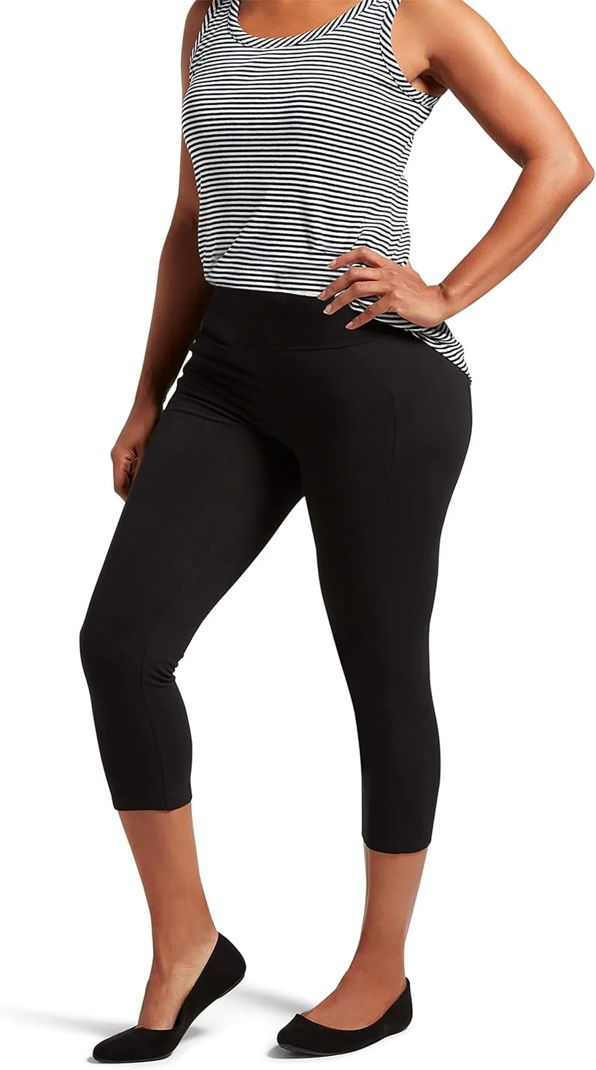 No nonsense Women's Soft Cotton Capri Leggings with Side Pockets Workout Stretch Pull On Pants