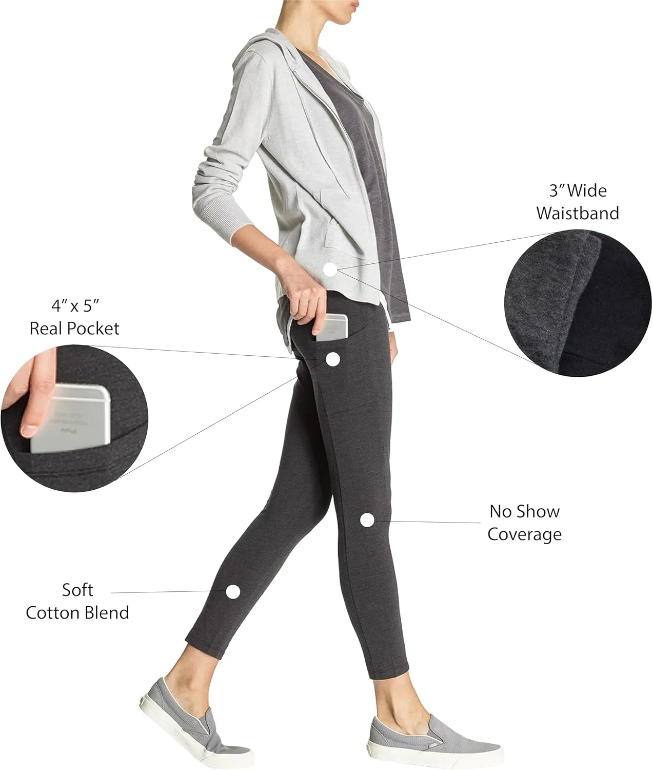 No Nonsense Women's Soft Cotton Leggings with Side Pockets Workout Stretch Pull On Pants