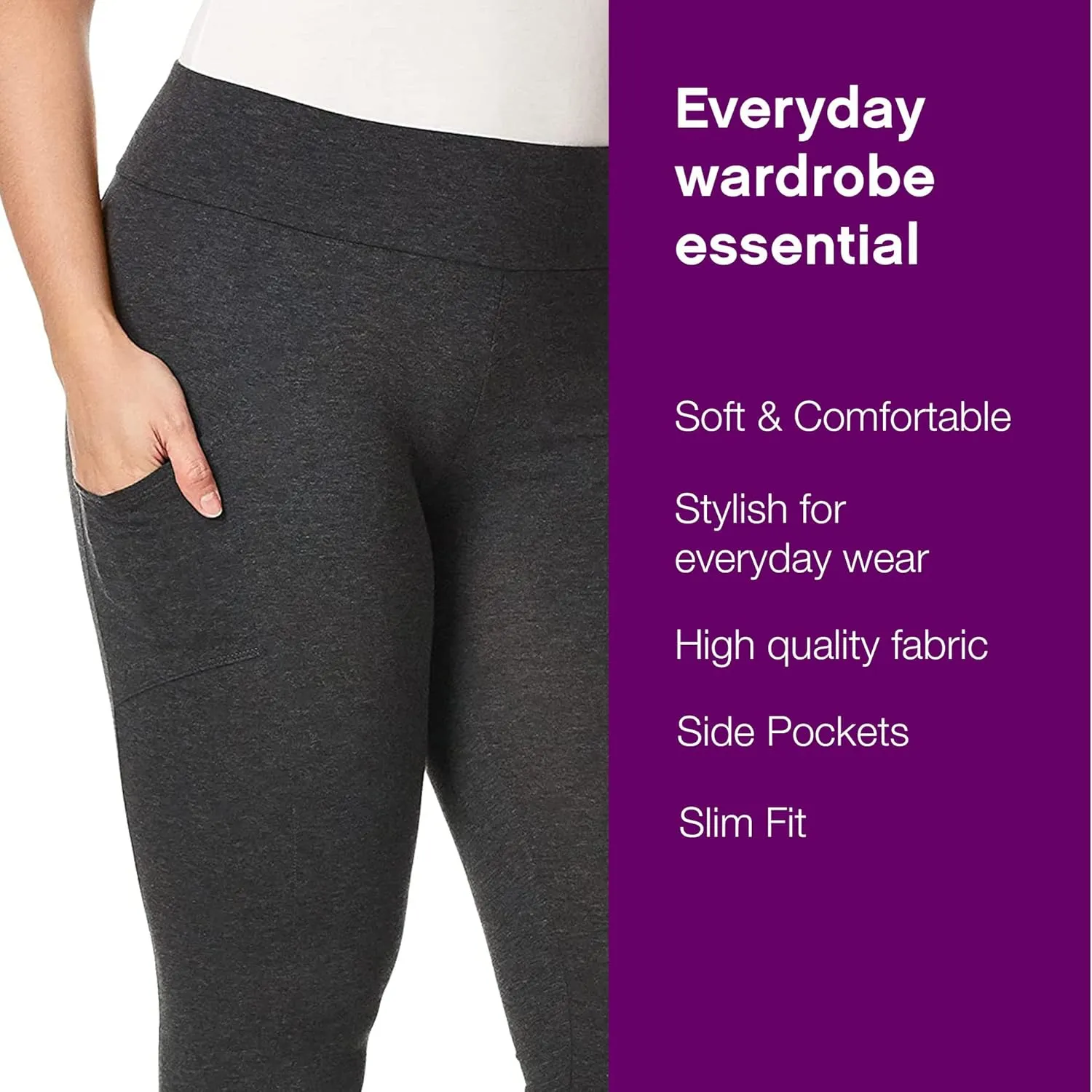 No Nonsense Women's Soft Cotton Leggings with Side Pockets Workout Stretch Pull On Pants