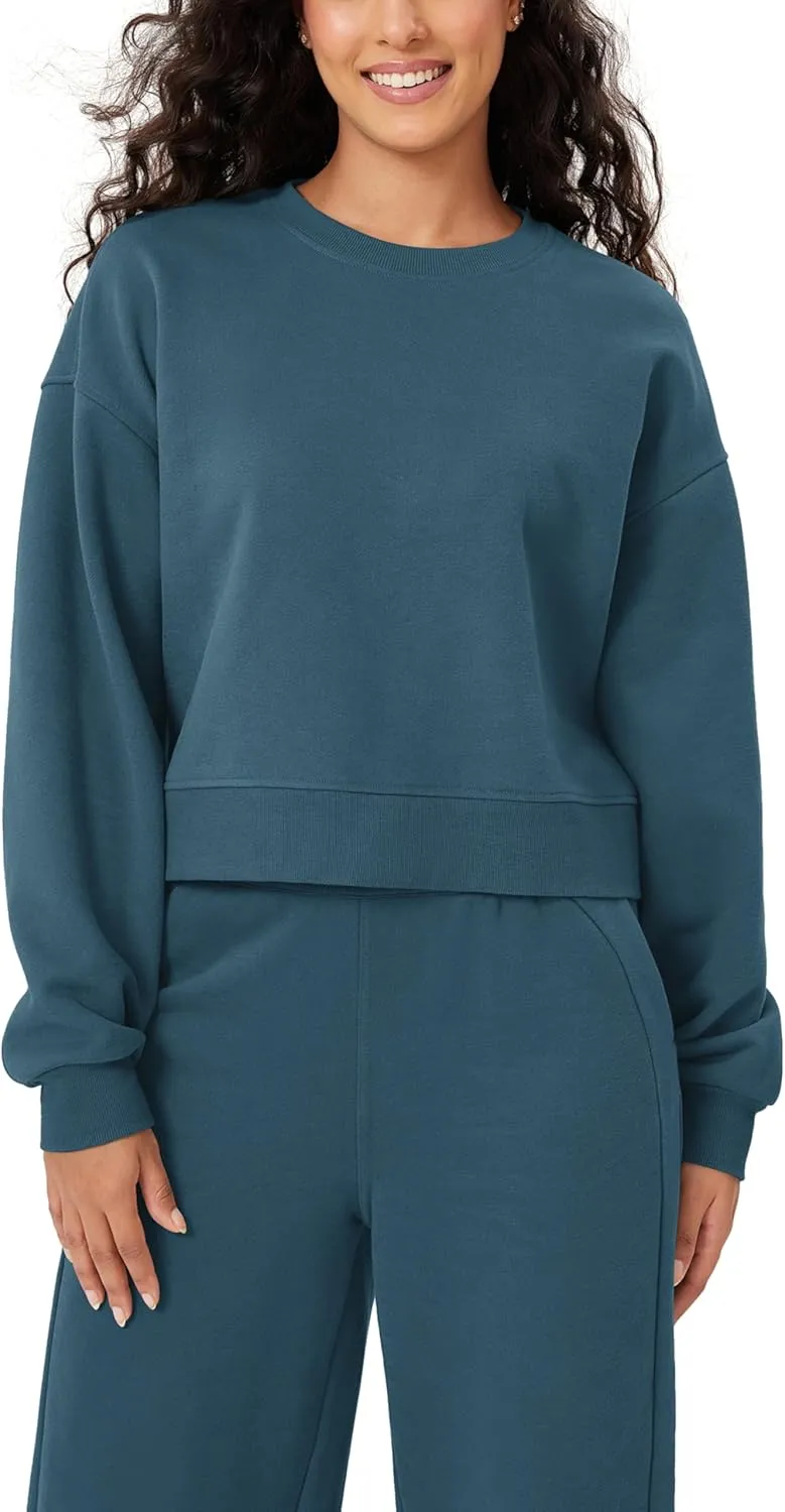ODODOS Women's Fleece Lined Oversized Cropped Sweatshirts Long Sleeve Crew Neck Pullover Crop Top