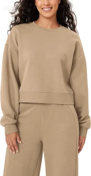ODODOS Women's Fleece Lined Oversized Cropped Sweatshirts Long Sleeve Crew Neck Pullover Crop Top