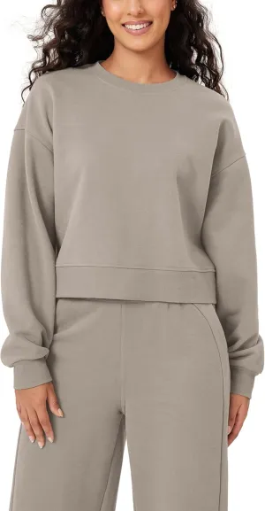 ODODOS Women's Fleece Lined Oversized Cropped Sweatshirts Long Sleeve Crew Neck Pullover Crop Top