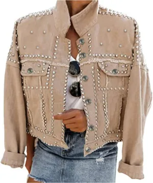 Omoone Women's Long Sleeve Rivet Studded Denim Jacket Casual Pearl Short Jean Coat Concert Nashville Outfits