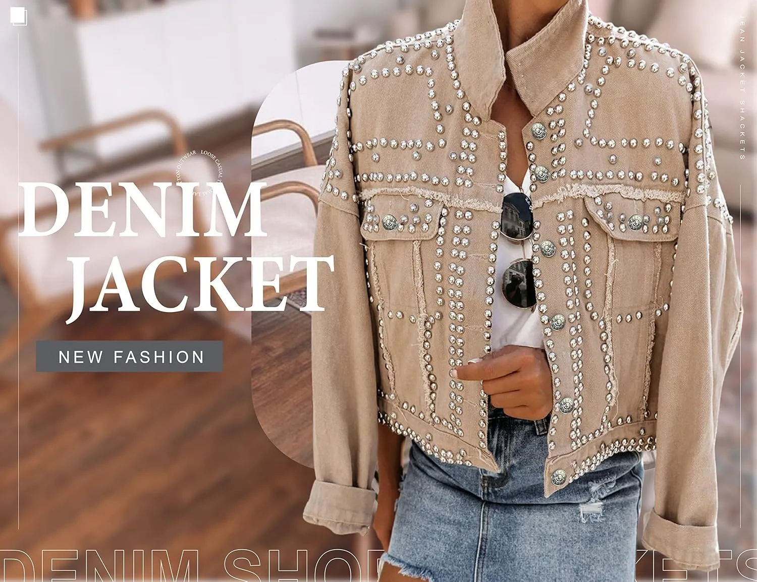 Omoone Women's Long Sleeve Rivet Studded Denim Jacket Casual Pearl Short Jean Coat Concert Nashville Outfits