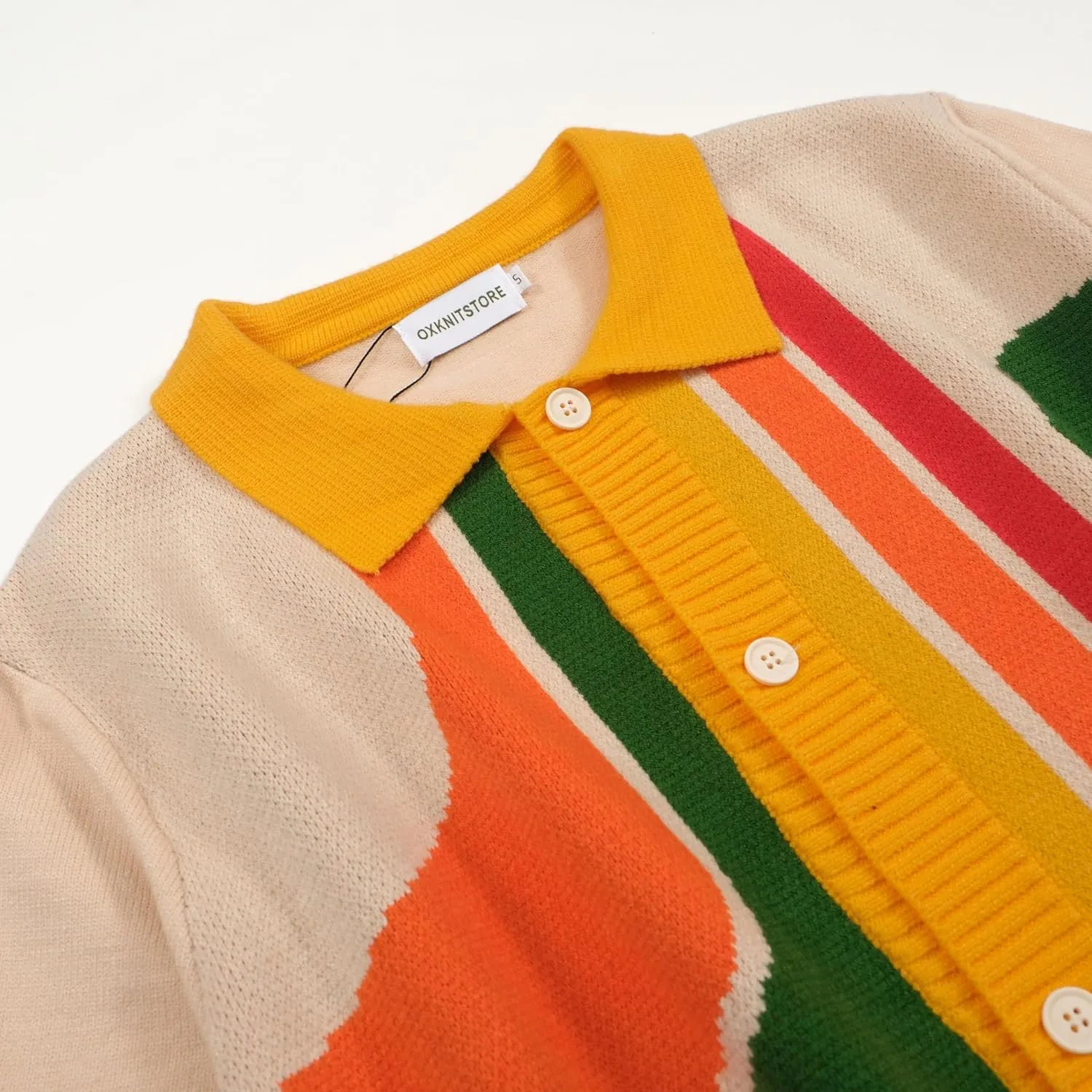 OXKNIT Mens Casual 60s Retro Geometric Knitted Short Sleeve Vintage Button Down Golf Polo