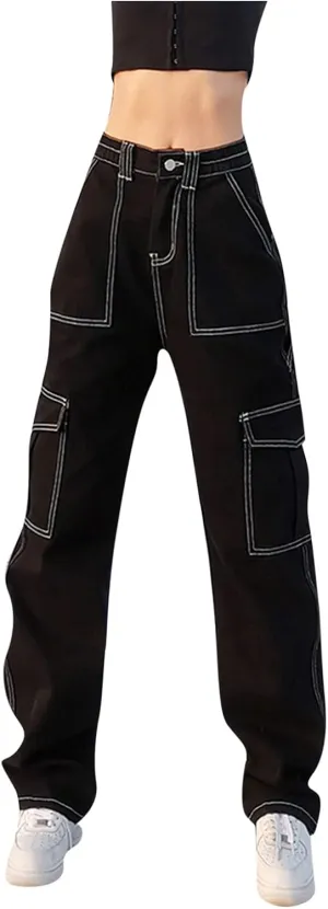 Pants Solid Color Waist Slim Elastic Women High Patchwork Button Jeans Black Wide Leg Pants for Women Jeans