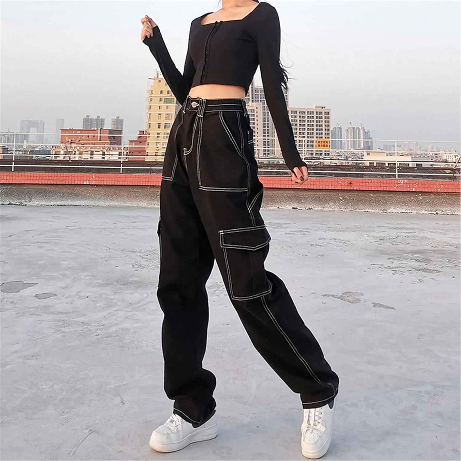 Pants Solid Color Waist Slim Elastic Women High Patchwork Button Jeans Black Wide Leg Pants for Women Jeans