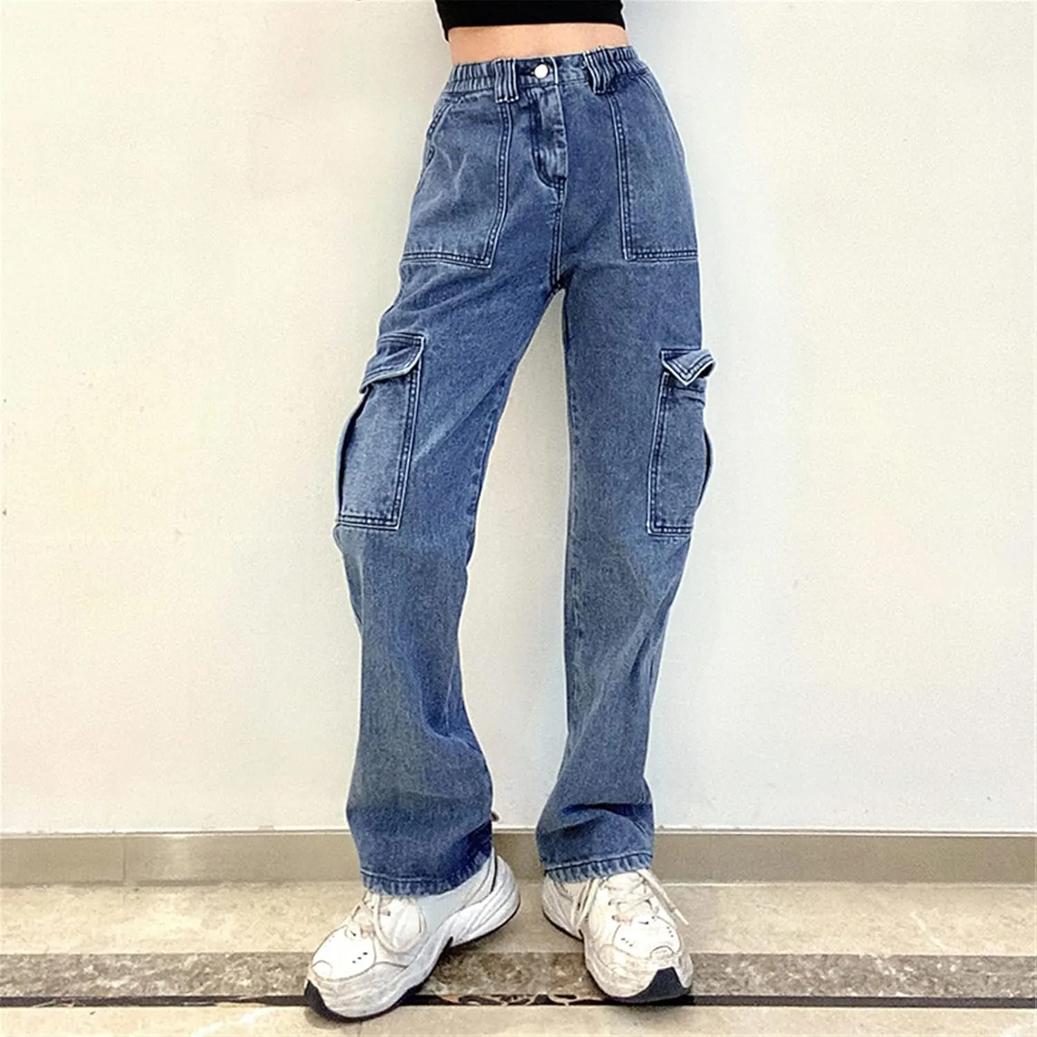 Pants Solid Color Waist Slim Elastic Women High Patchwork Button Jeans Black Wide Leg Pants for Women Jeans