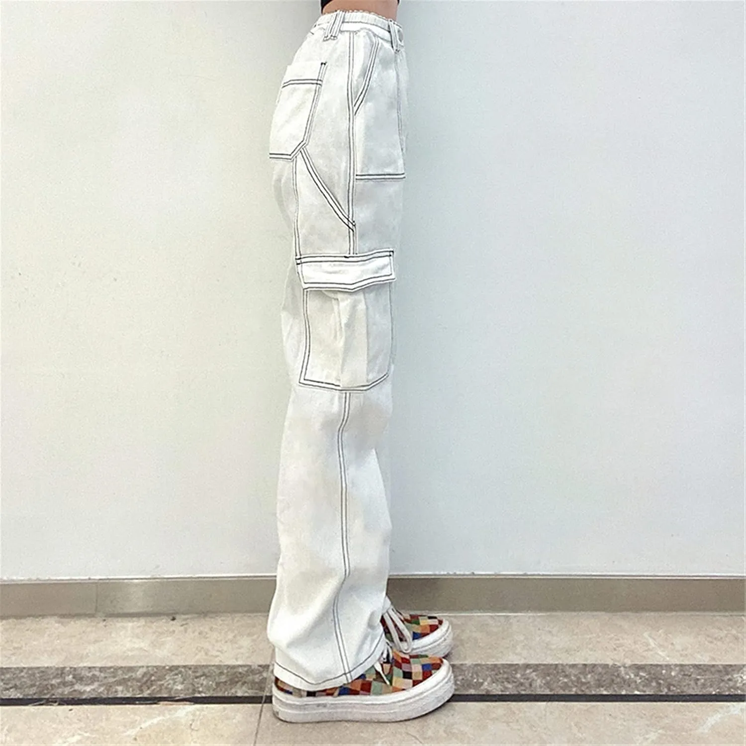 Pants Solid Color Waist Slim Elastic Women High Patchwork Button Jeans Black Wide Leg Pants for Women Jeans