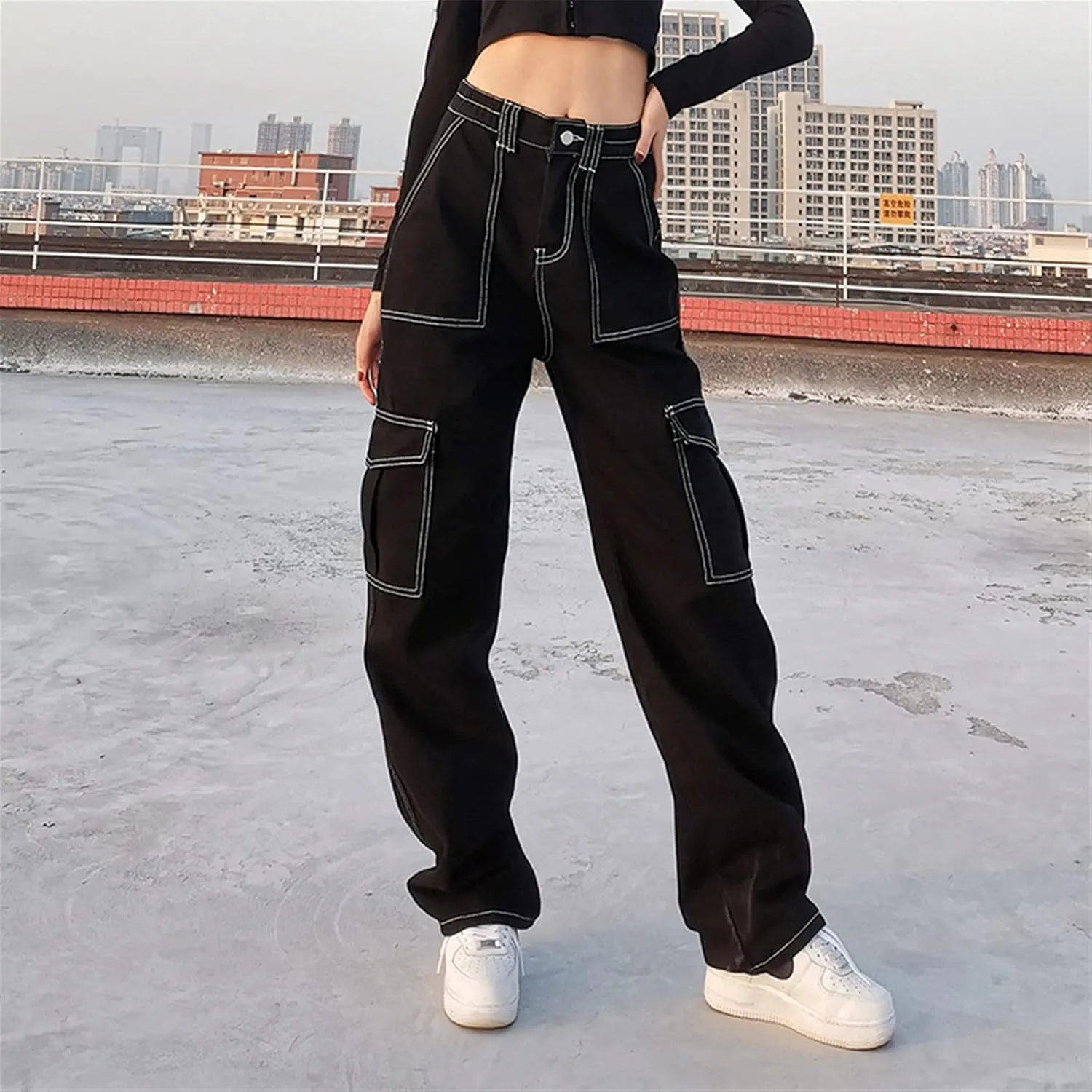 Pants Solid Color Waist Slim Elastic Women High Patchwork Button Jeans Black Wide Leg Pants for Women Jeans