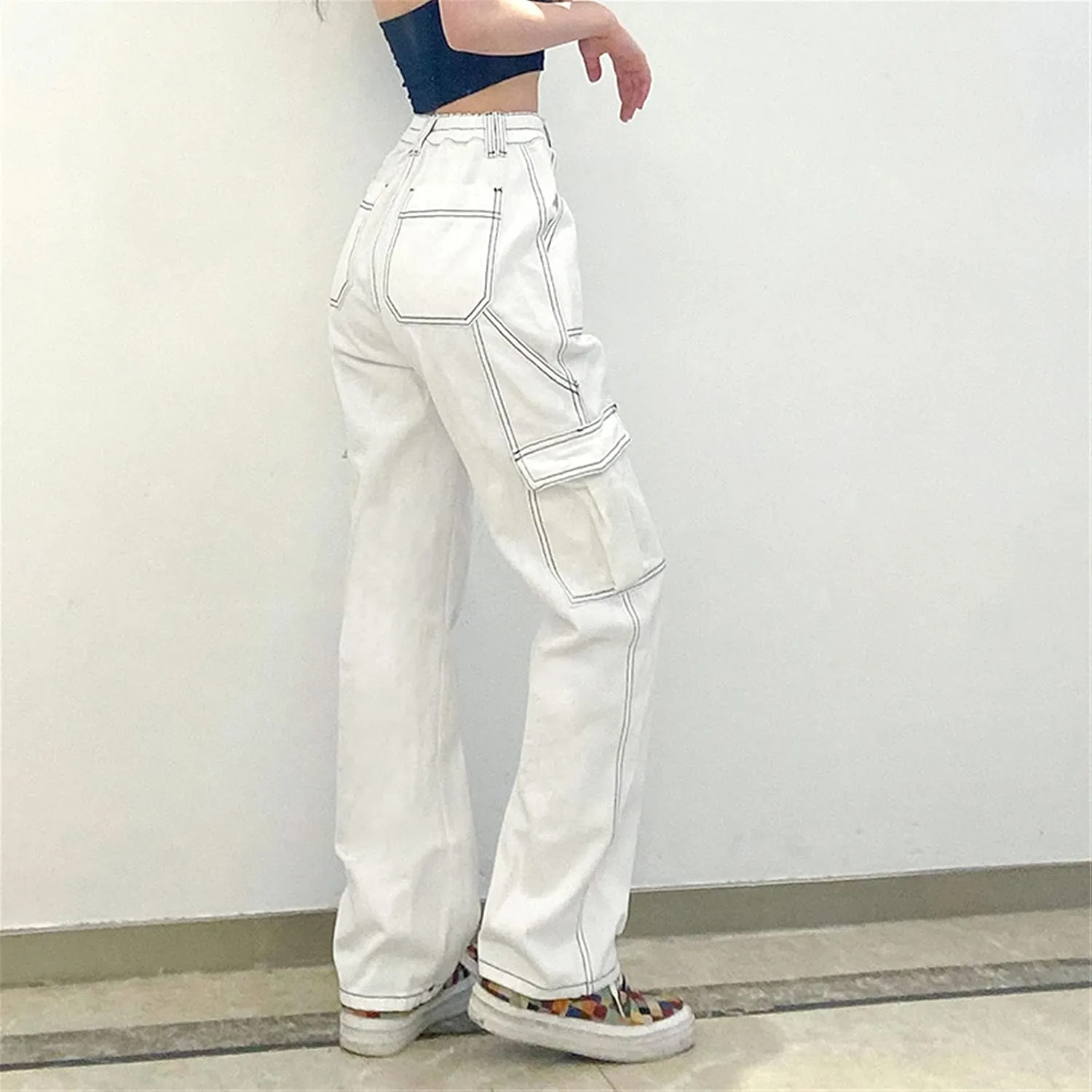 Pants Solid Color Waist Slim Elastic Women High Patchwork Button Jeans Black Wide Leg Pants for Women Jeans