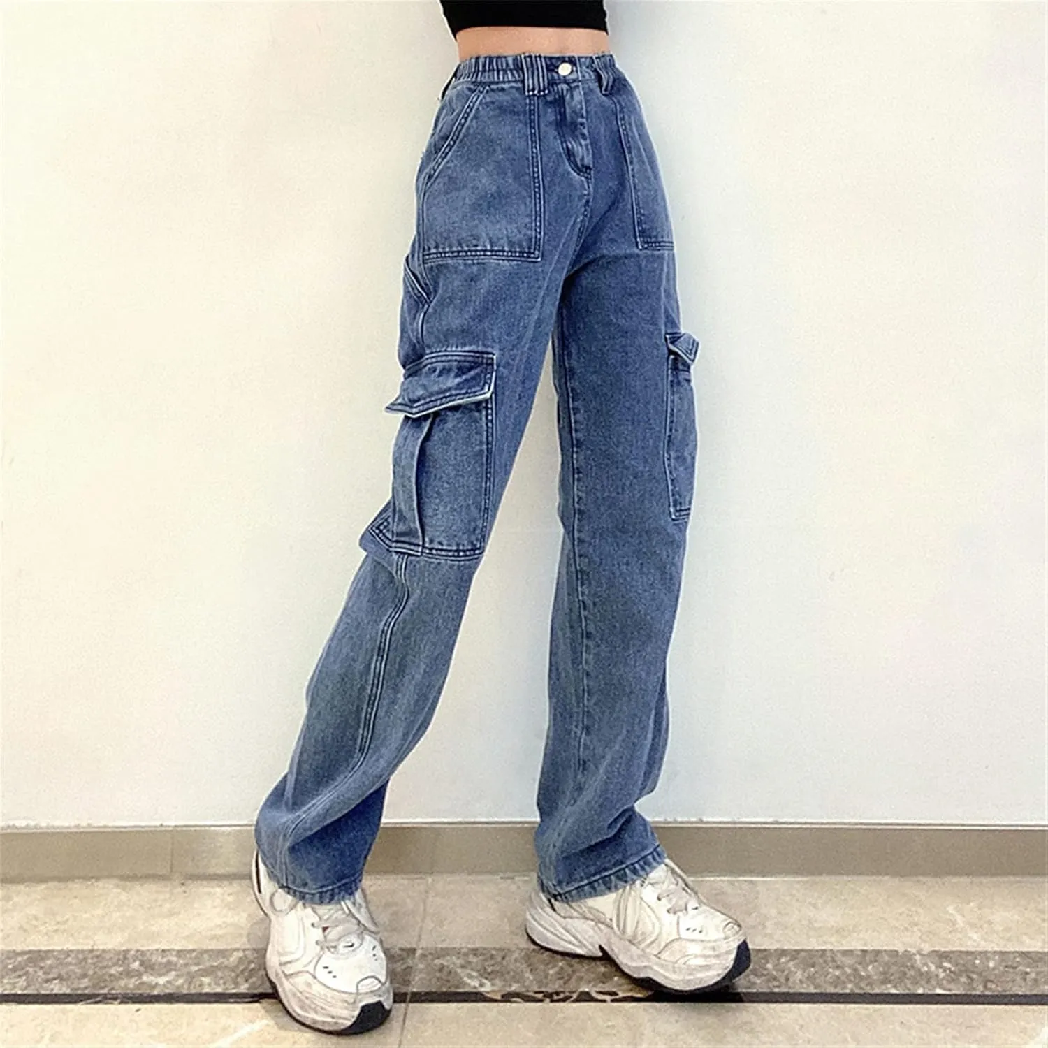 Pants Solid Color Waist Slim Elastic Women High Patchwork Button Jeans Black Wide Leg Pants for Women Jeans