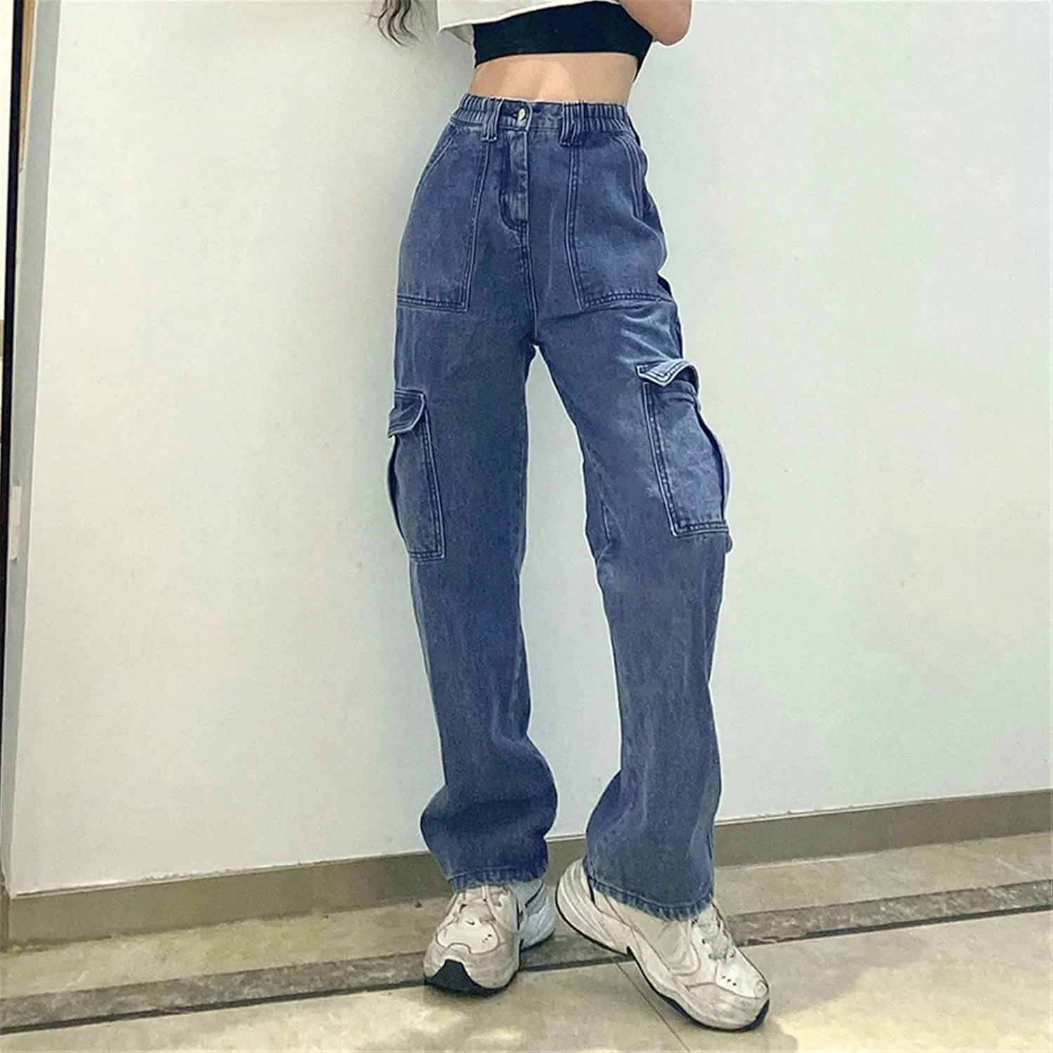 Pants Solid Color Waist Slim Elastic Women High Patchwork Button Jeans Black Wide Leg Pants for Women Jeans