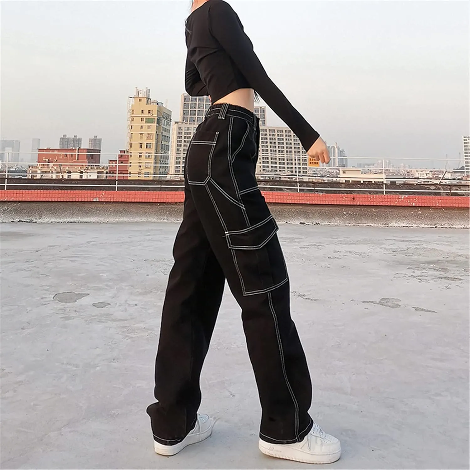 Pants Solid Color Waist Slim Elastic Women High Patchwork Button Jeans Black Wide Leg Pants for Women Jeans