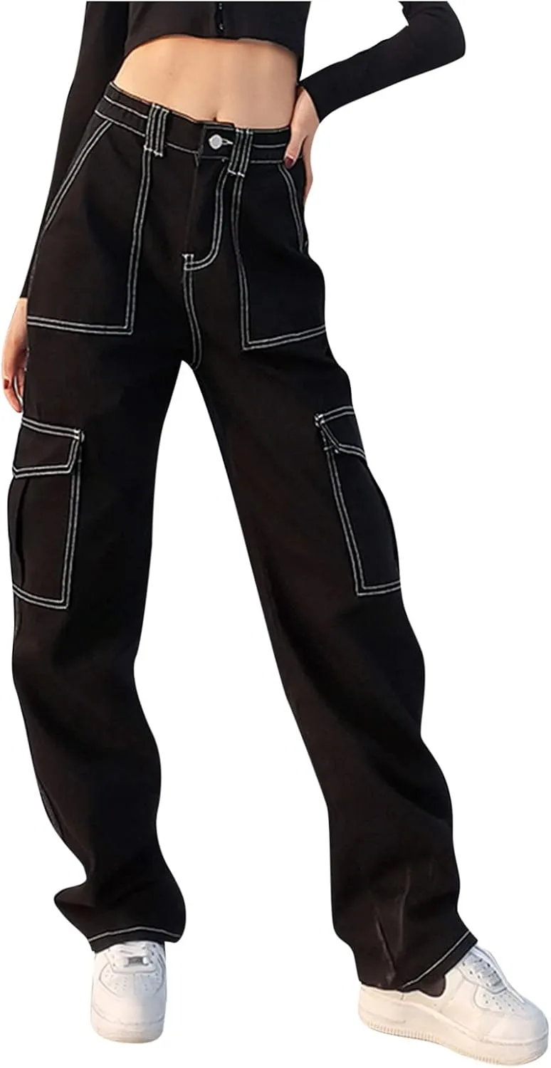 Pants Solid Color Waist Slim Elastic Women High Patchwork Button Jeans Black Wide Leg Pants for Women Jeans