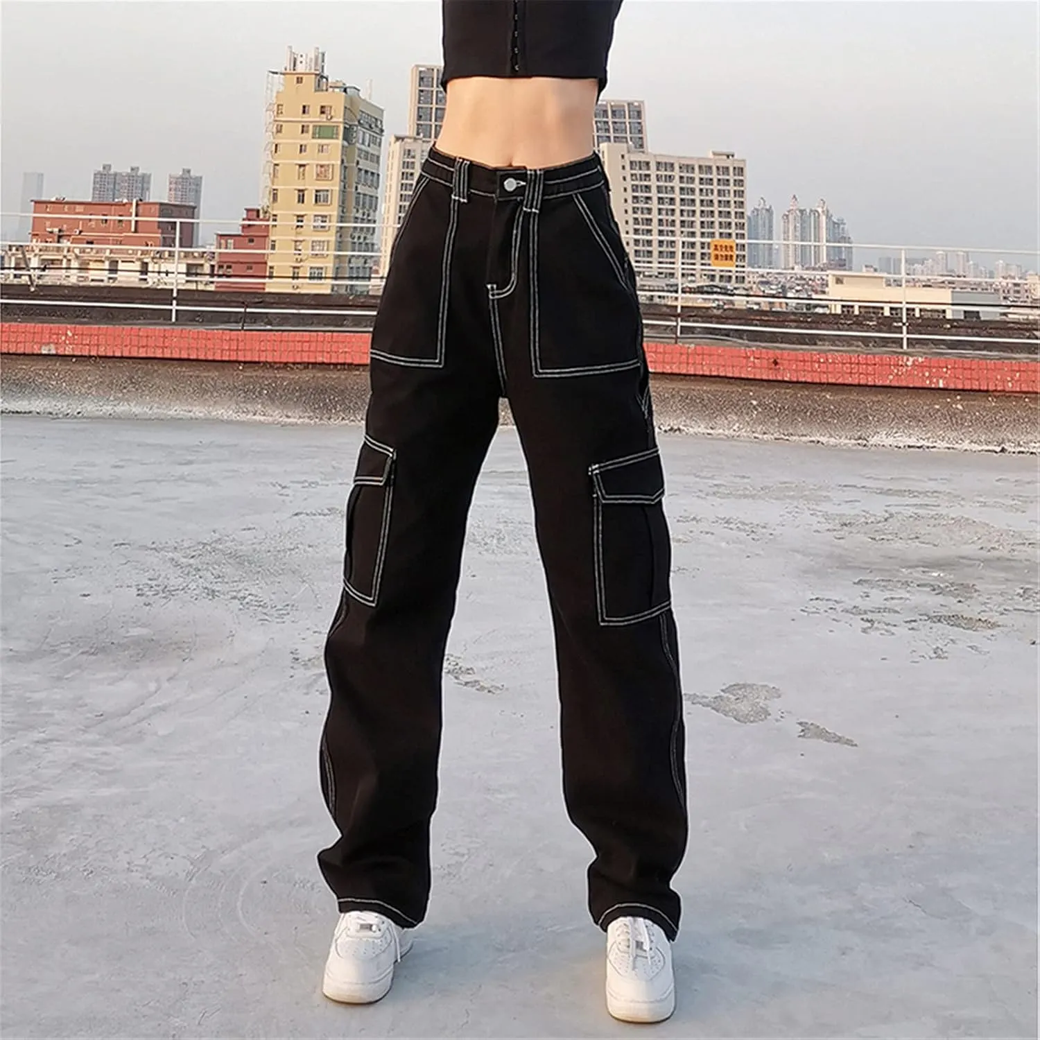 Pants Solid Color Waist Slim Elastic Women High Patchwork Button Jeans Black Wide Leg Pants for Women Jeans