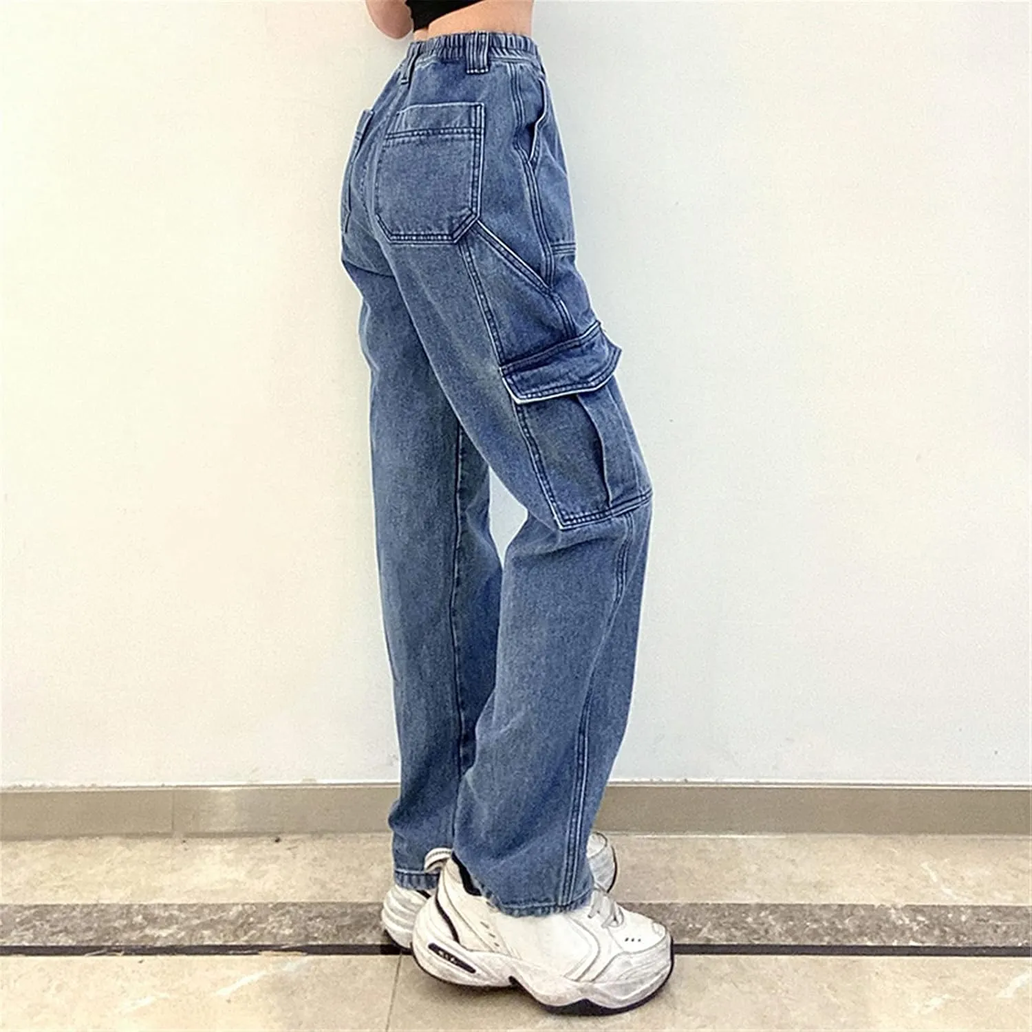 Pants Solid Color Waist Slim Elastic Women High Patchwork Button Jeans Black Wide Leg Pants for Women Jeans