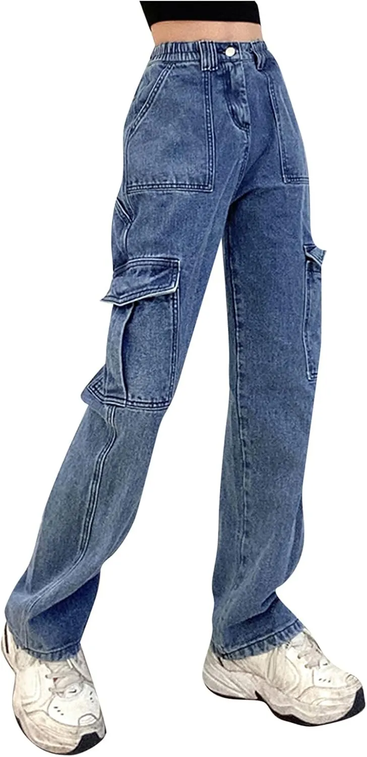 Pants Solid Color Waist Slim Elastic Women High Patchwork Button Jeans Black Wide Leg Pants for Women Jeans