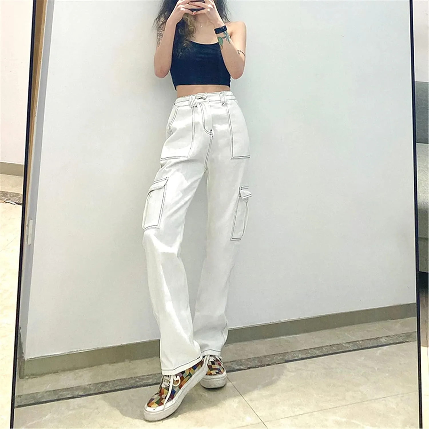 Pants Solid Color Waist Slim Elastic Women High Patchwork Button Jeans Black Wide Leg Pants for Women Jeans
