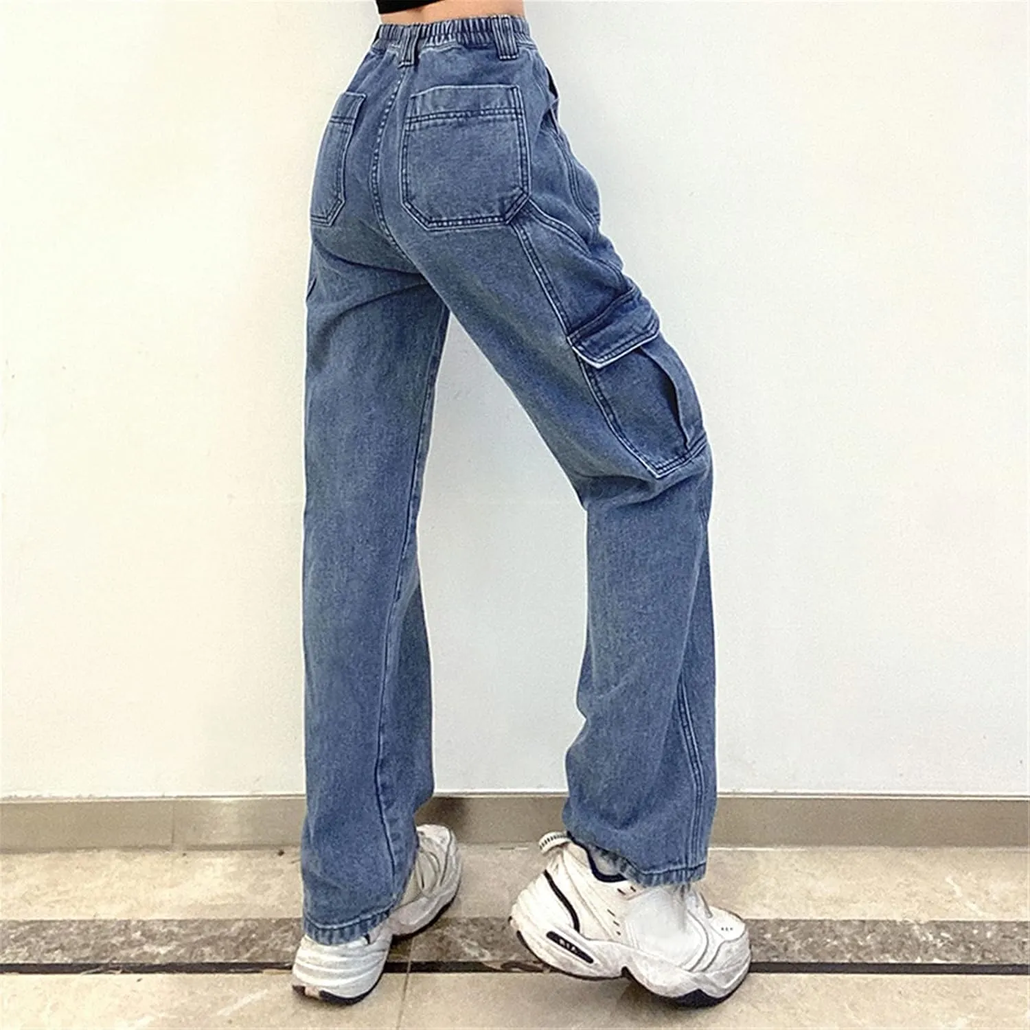 Pants Solid Color Waist Slim Elastic Women High Patchwork Button Jeans Black Wide Leg Pants for Women Jeans