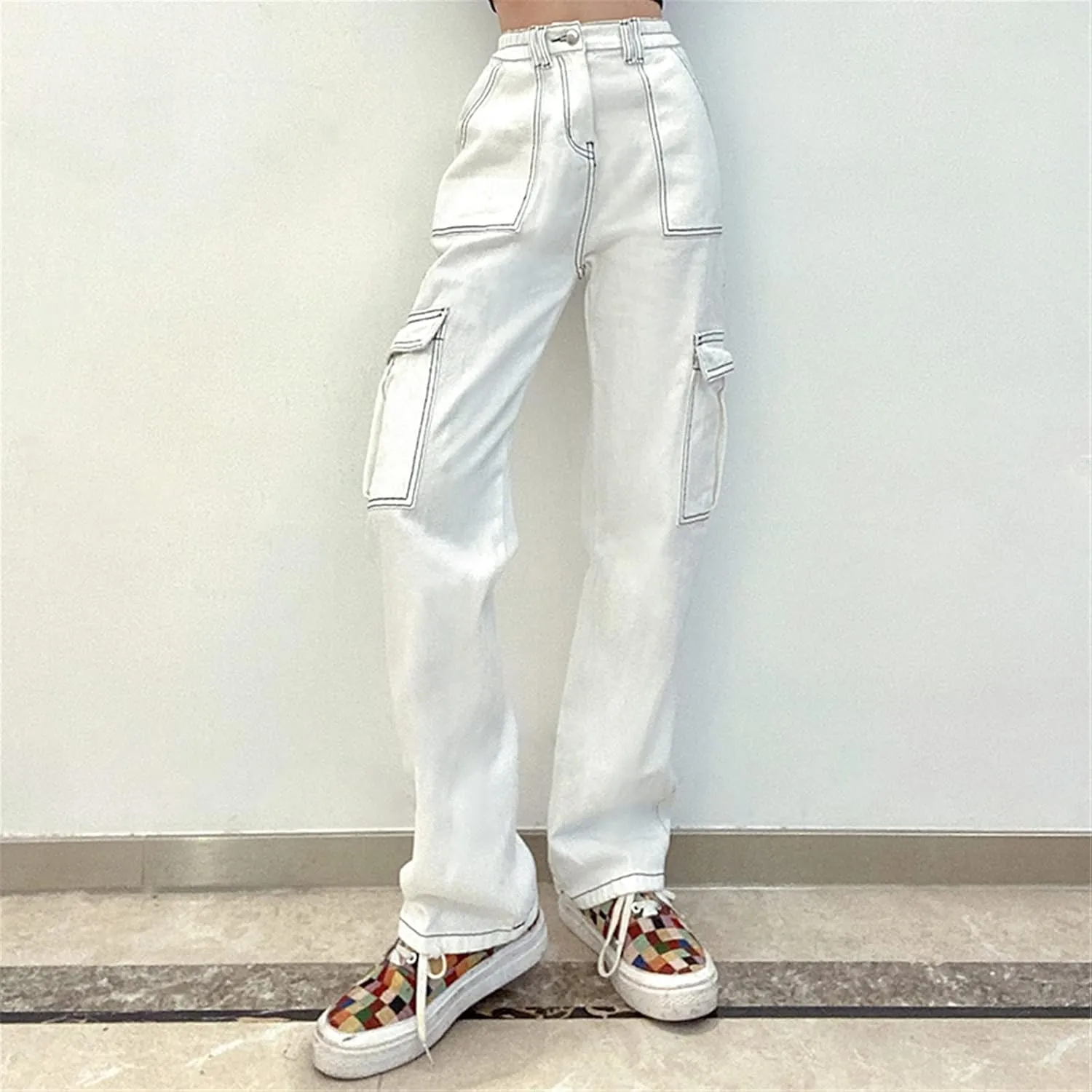 Pants Solid Color Waist Slim Elastic Women High Patchwork Button Jeans Black Wide Leg Pants for Women Jeans