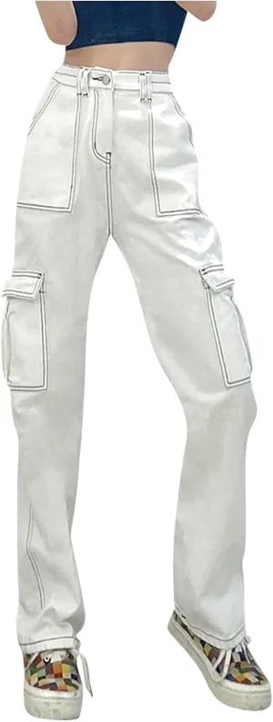 Pants Solid Color Waist Slim Elastic Women High Patchwork Button Jeans Black Wide Leg Pants for Women Jeans