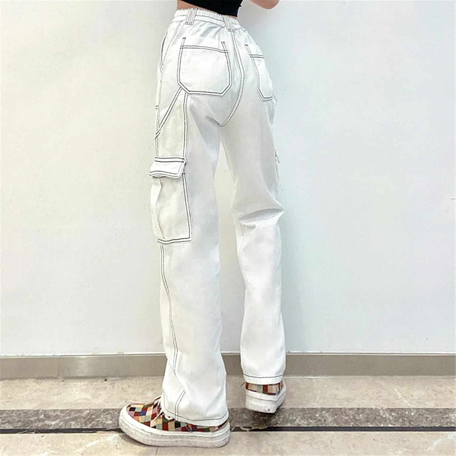 Pants Solid Color Waist Slim Elastic Women High Patchwork Button Jeans Black Wide Leg Pants for Women Jeans