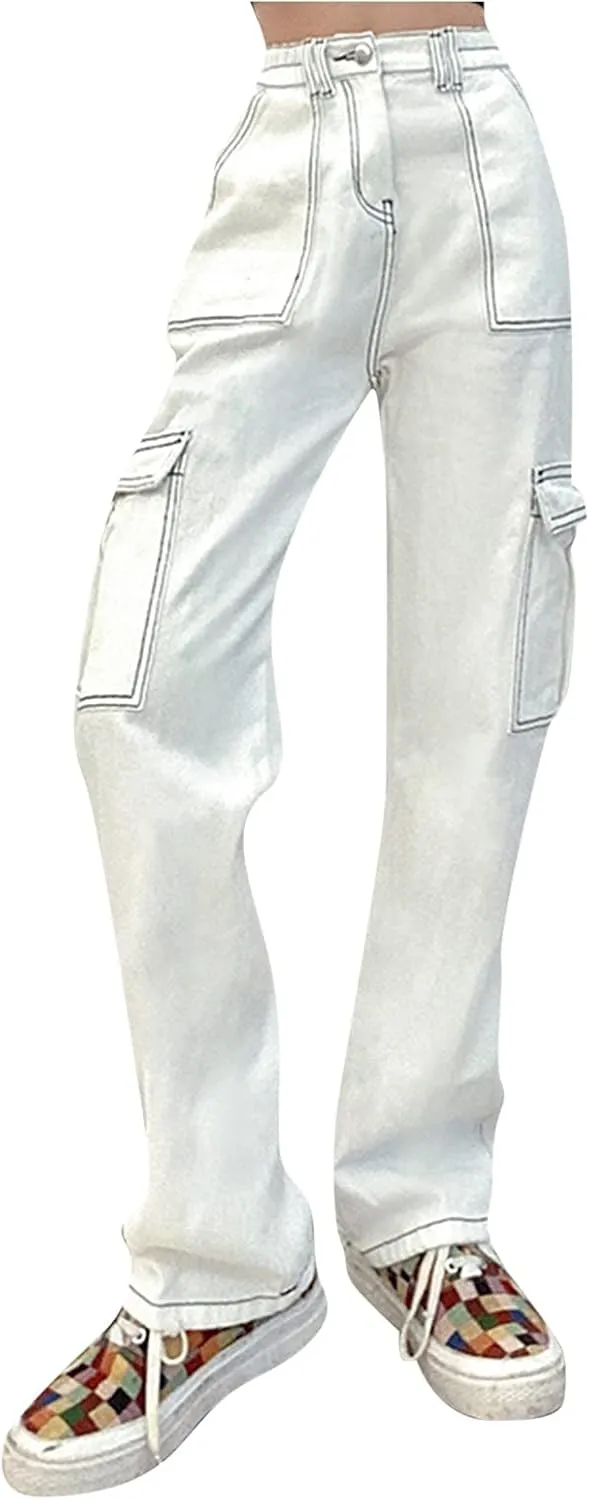 Pants Solid Color Waist Slim Elastic Women High Patchwork Button Jeans Black Wide Leg Pants for Women Jeans