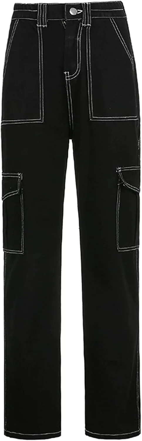 Pants Solid Color Waist Slim Elastic Women High Patchwork Button Jeans Black Wide Leg Pants for Women Jeans