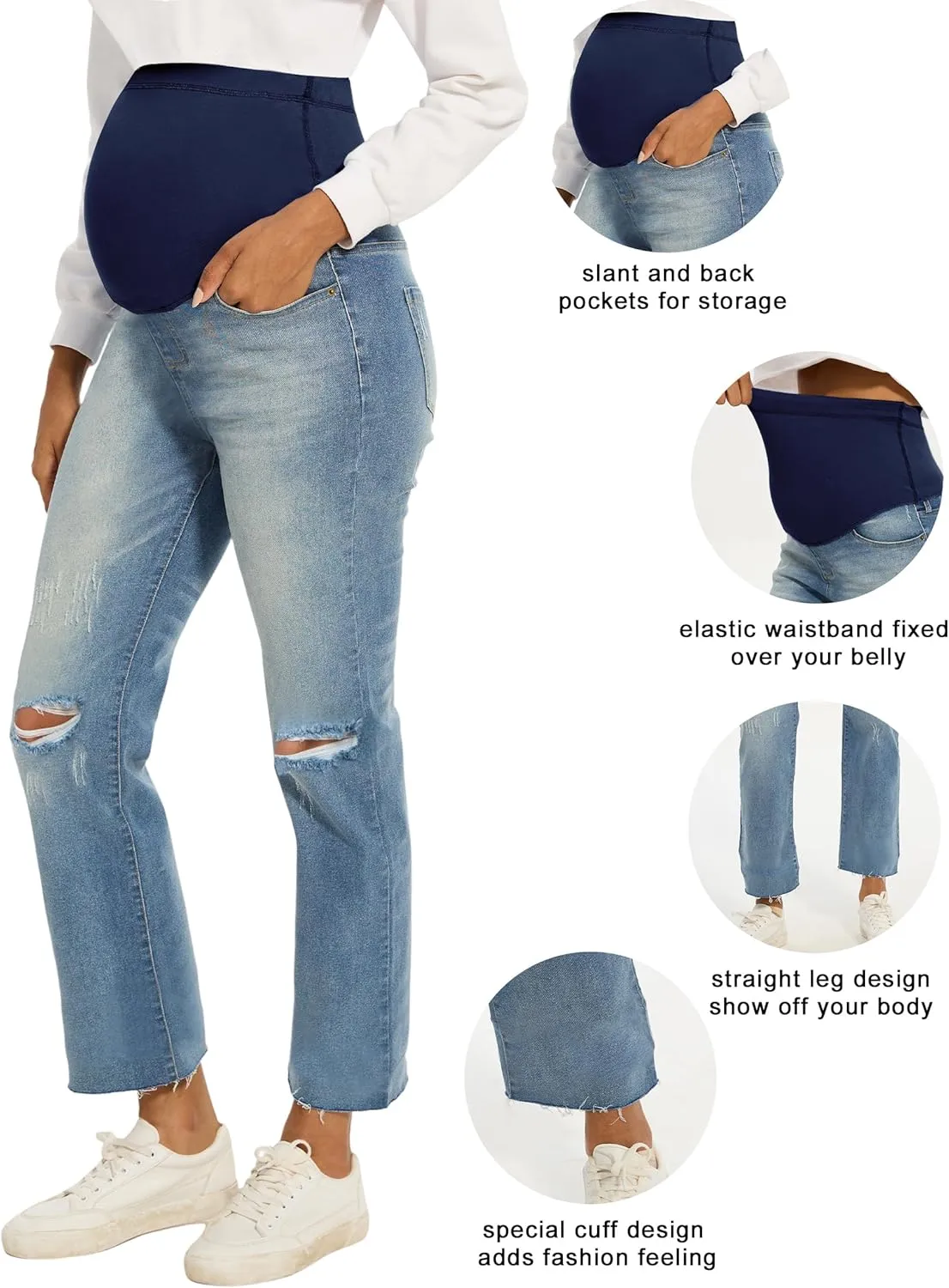 Peauty Maternity Jeans Frayed Hem Straight Leg Jeans Comfortable Stretch Over The Belly Support Pregnancy-Pants