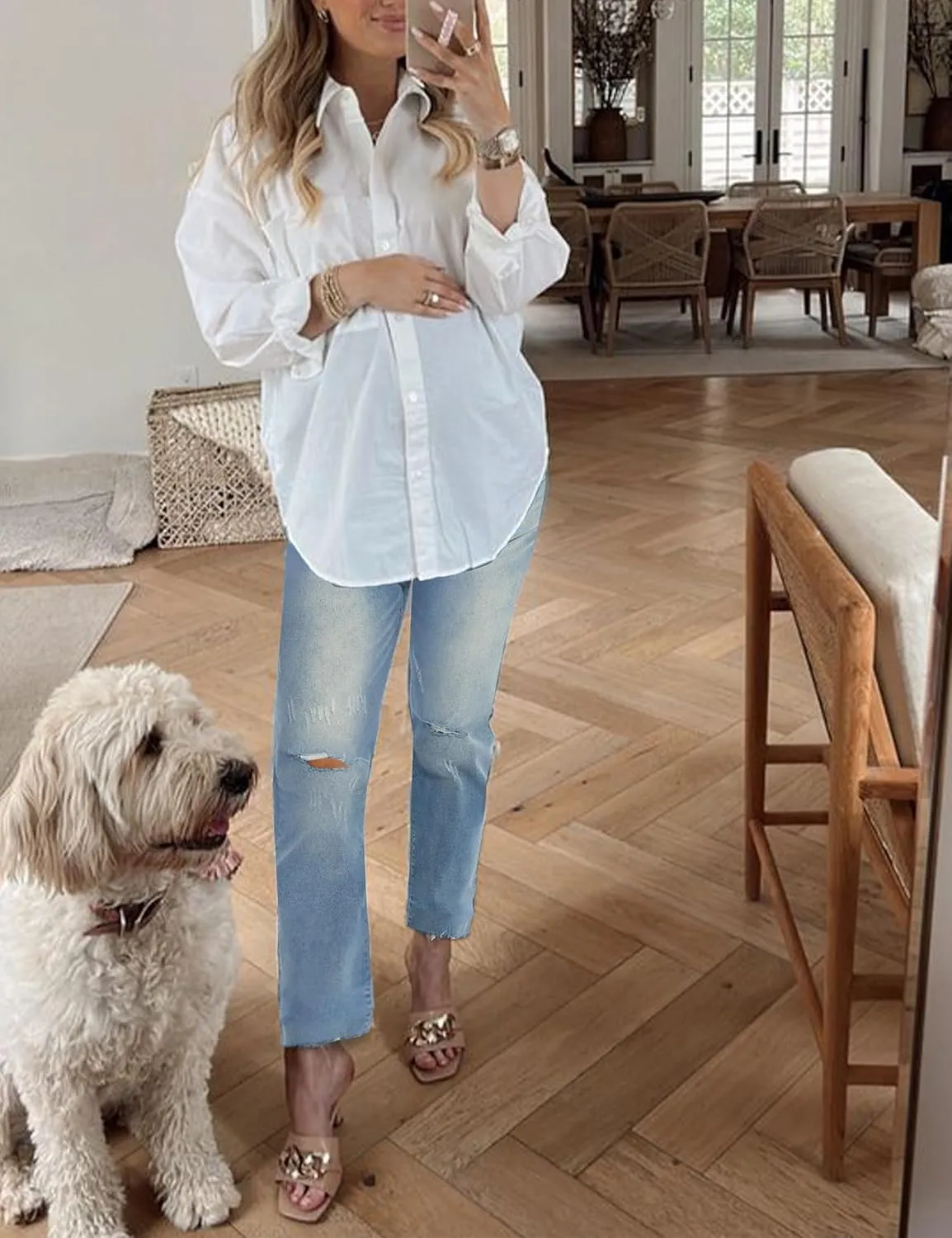 Peauty Maternity Jeans Frayed Hem Straight Leg Jeans Comfortable Stretch Over The Belly Support Pregnancy-Pants