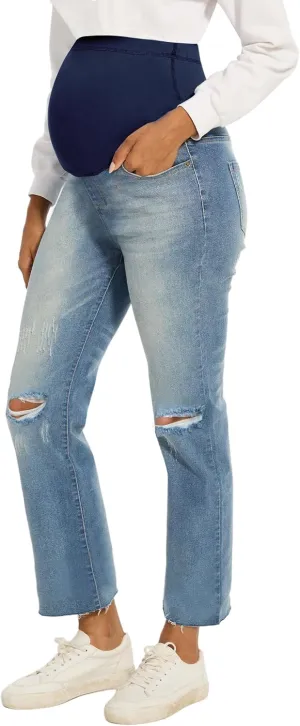 Peauty Maternity Jeans Frayed Hem Straight Leg Jeans Comfortable Stretch Over The Belly Support Pregnancy-Pants