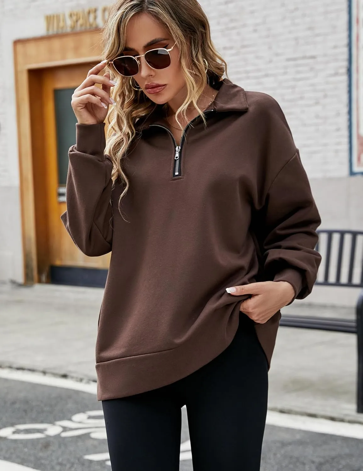 PEHMEA Womens Oversized Half Zip Pullover Long Sleeve Sweatshirt Quarter Zip Hoodie Trendy Sweater Fall Y2K Clothes