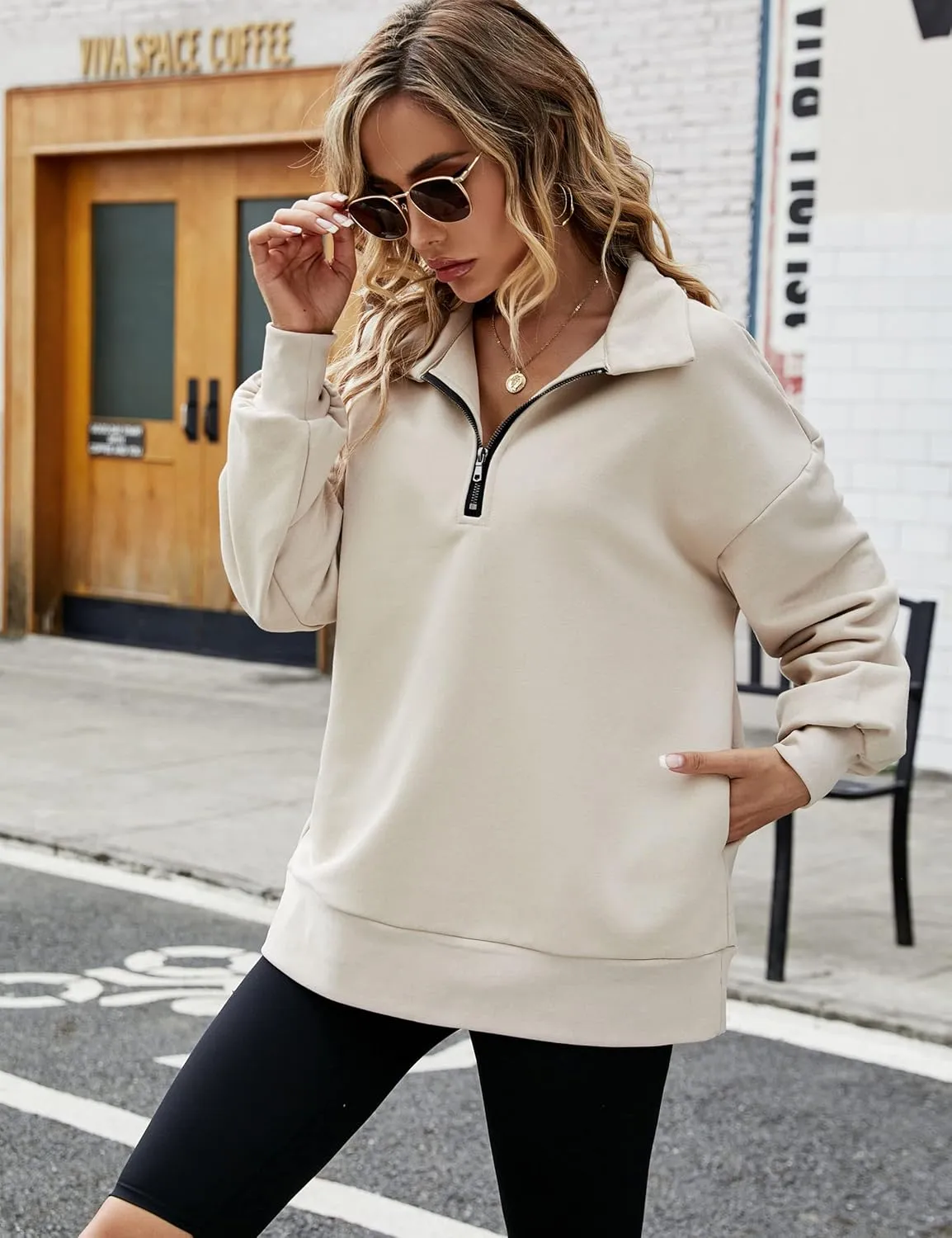 PEHMEA Womens Oversized Half Zip Pullover Long Sleeve Sweatshirt Quarter Zip Hoodie Trendy Sweater Fall Y2K Clothes