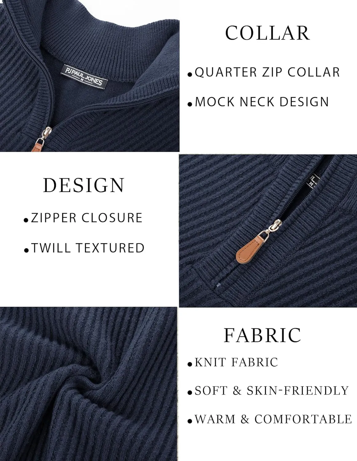PJ PAUL JONES Mens Quarter Zip Pullover Sweaters Casual Slim Fit Knit Texture Sweater