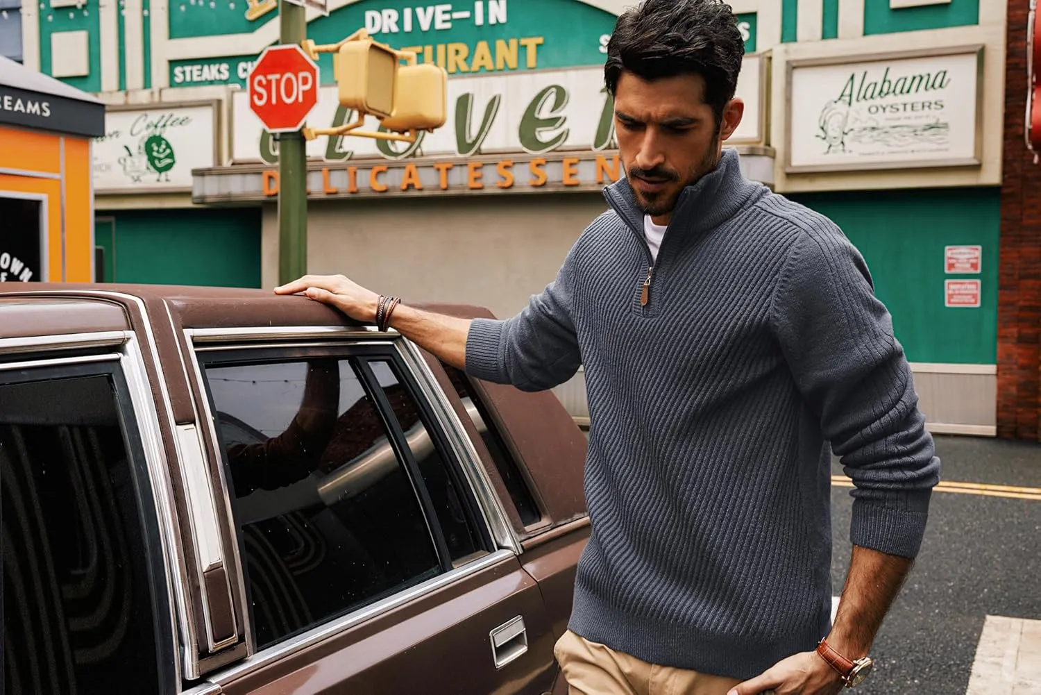 PJ PAUL JONES Mens Quarter Zip Pullover Sweaters Casual Slim Fit Knit Texture Sweater