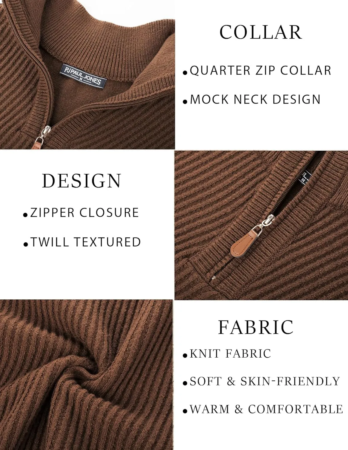 PJ PAUL JONES Mens Quarter Zip Pullover Sweaters Casual Slim Fit Knit Texture Sweater