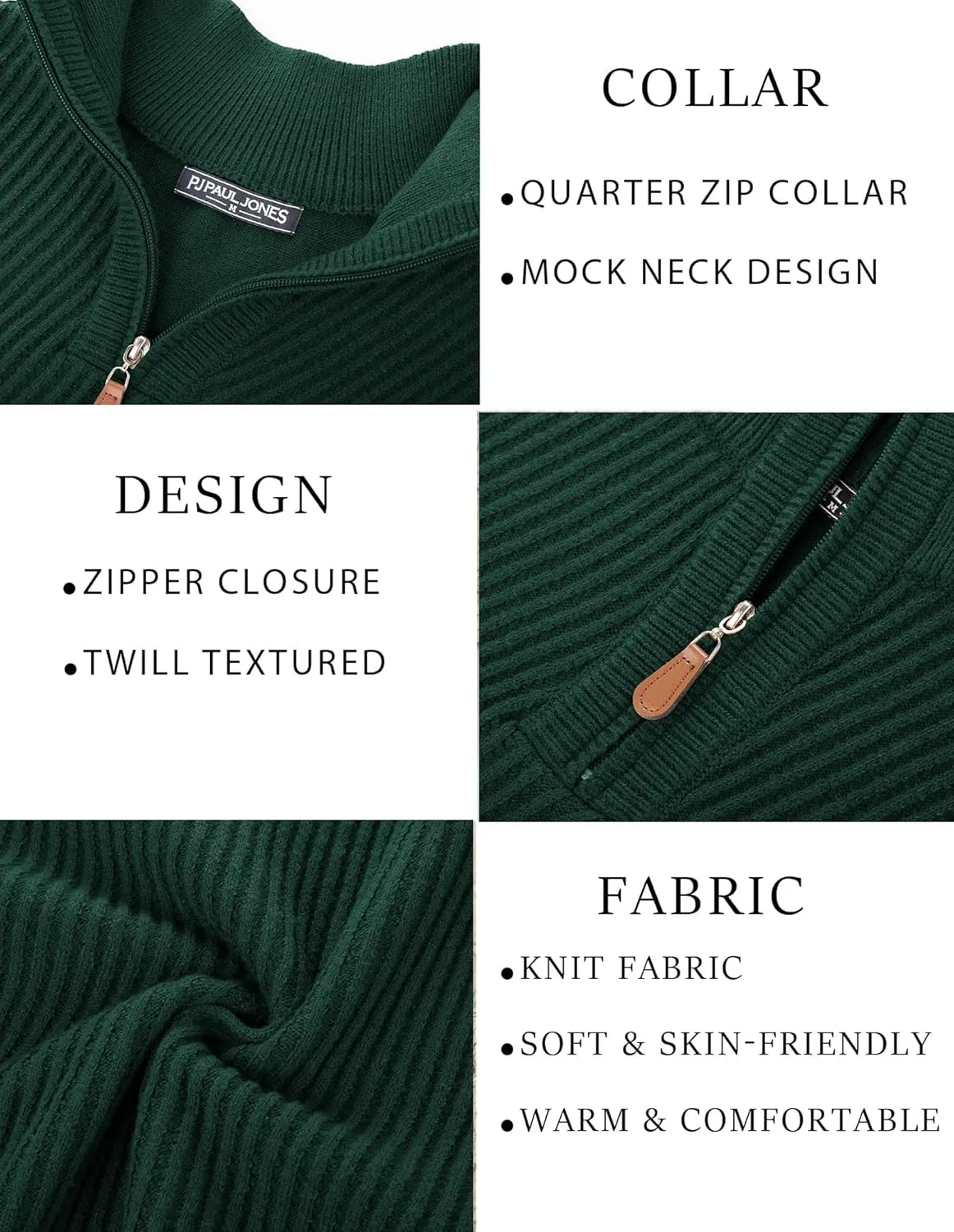PJ PAUL JONES Mens Quarter Zip Pullover Sweaters Casual Slim Fit Knit Texture Sweater