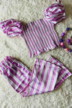 Purple & white stripped smocked satin girls set DLH2469