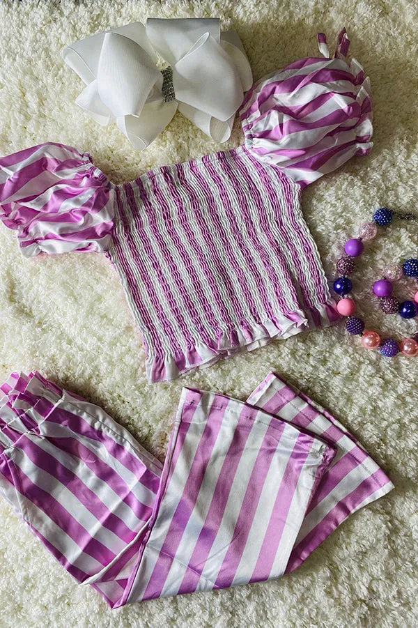 Purple & white stripped smocked satin girls set DLH2469