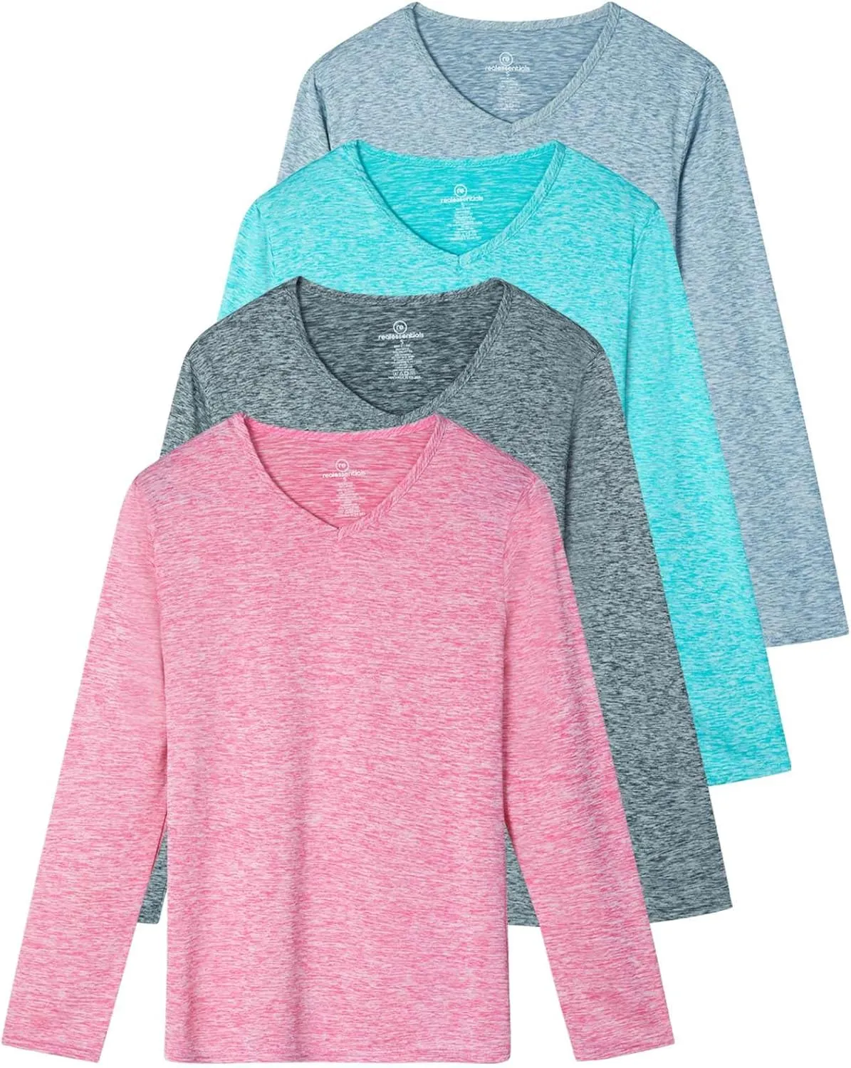 Real Essentials 4-Pack: Women's Dry-Fit Long-Sleeve V-Neck Athletic Workout Shirt (Available in Plus Size)